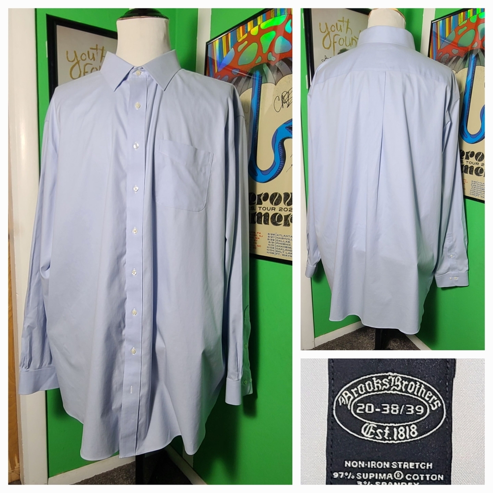 Brooks Brothers Big & Tall Non-Iron Stretch Dress Shirt Blue 20 38/39 3XL